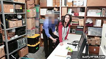 shoplyfter drops down sucking the big cock deep into her throat while spreading