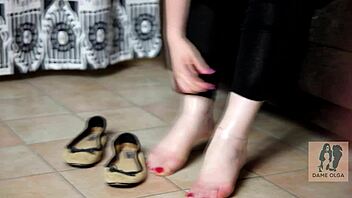 latex condom play with socks in ballet flats