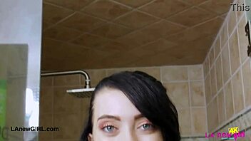 Dark-haired darling took a relaxing shower after long photoshoot day