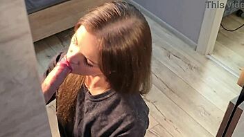 deep blowjob in front of the mirror