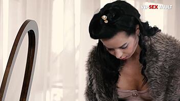 Brunette in lace lingerie and stockings gets grabbed from behind his hands go straight for her ass