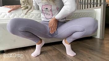 petite asian teen in tight leggings squirts hard from toy play
