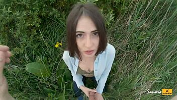 POV blowjob and cumshot in a public outdoor setting