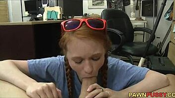 Amateur redhead teen with small tits gives a sloppy blowjob
